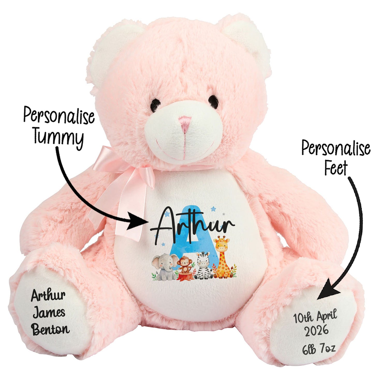 Personalised New Baby Boy Teddy Bear with Blue Letter Initial & Name Text - Animal Safari