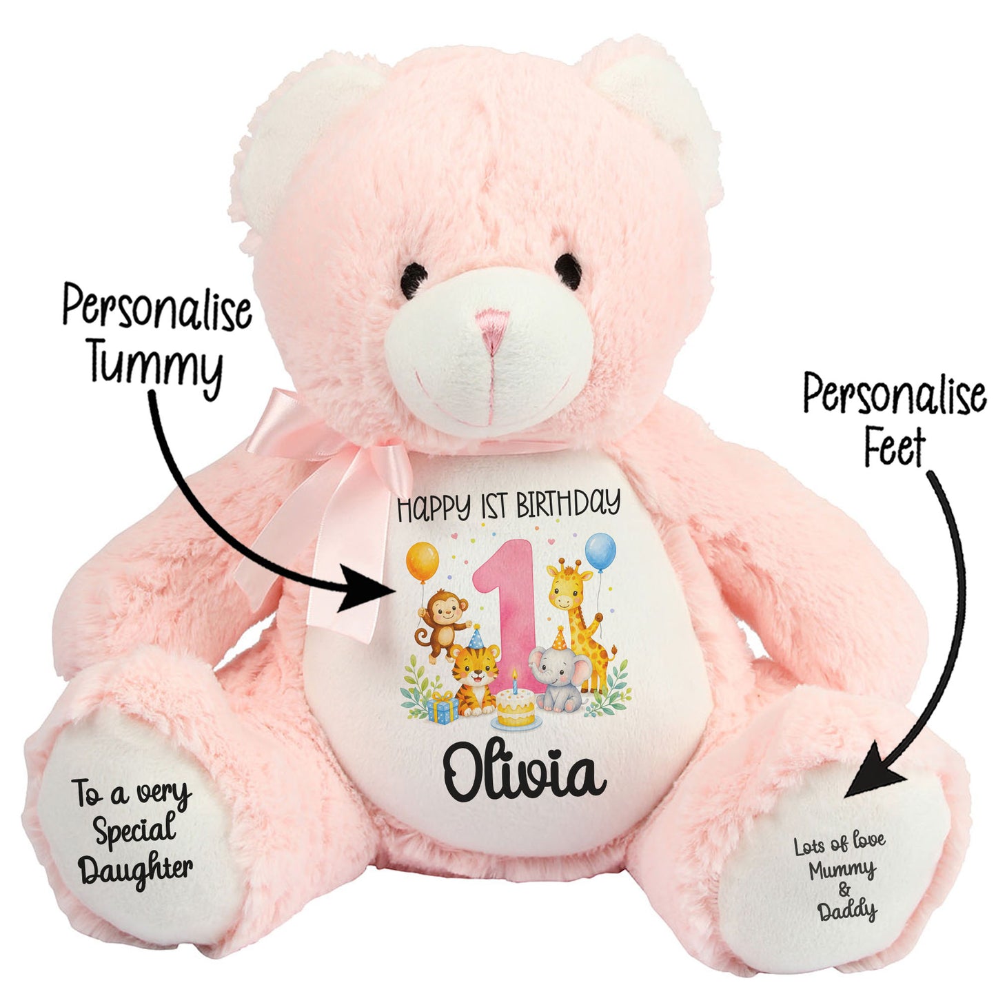 Personalised Baby Girl 1st Birthday Teddy Bear - Pink Safari Animal Name Age 1
