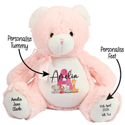 Personalised New Baby Girl Teddy Bear with Pink Letter Initial & Name Text - Animal Safari Design