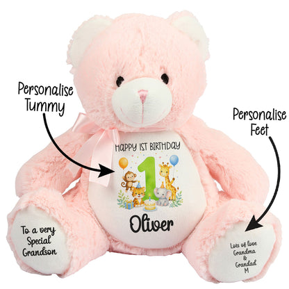 Personalised 1st Birthday Teddy Bear – Safari Animal Party Green Age 1