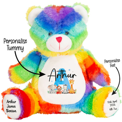 Personalised New Baby Boy Teddy Bear with Blue Letter Initial & Name Text - Animal Safari