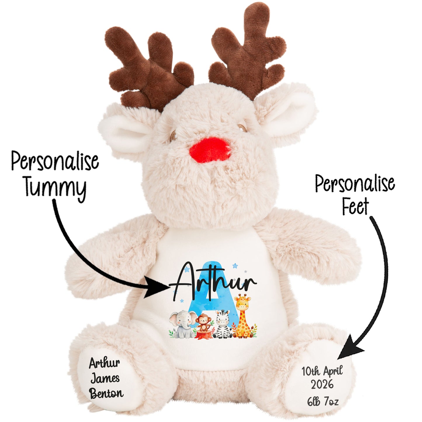 Personalised New Baby Boy Teddy Bear with Blue Letter Initial & Name Text - Animal Safari