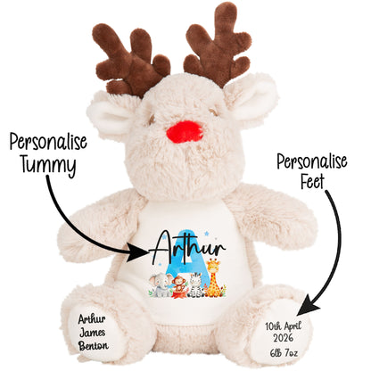 Personalised New Baby Boy Teddy Bear with Blue Letter Initial & Name Text - Animal Safari