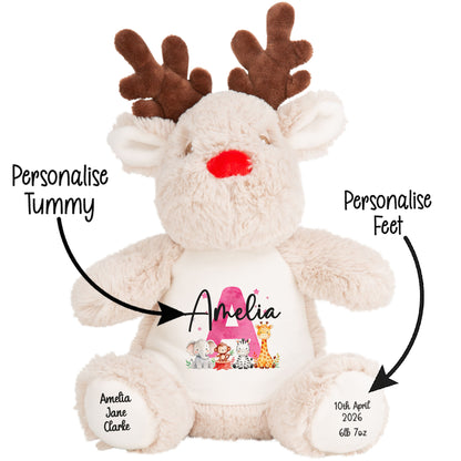 Personalised New Baby Girl Teddy Bear with Pink Letter Initial & Name Text - Animal Safari Design