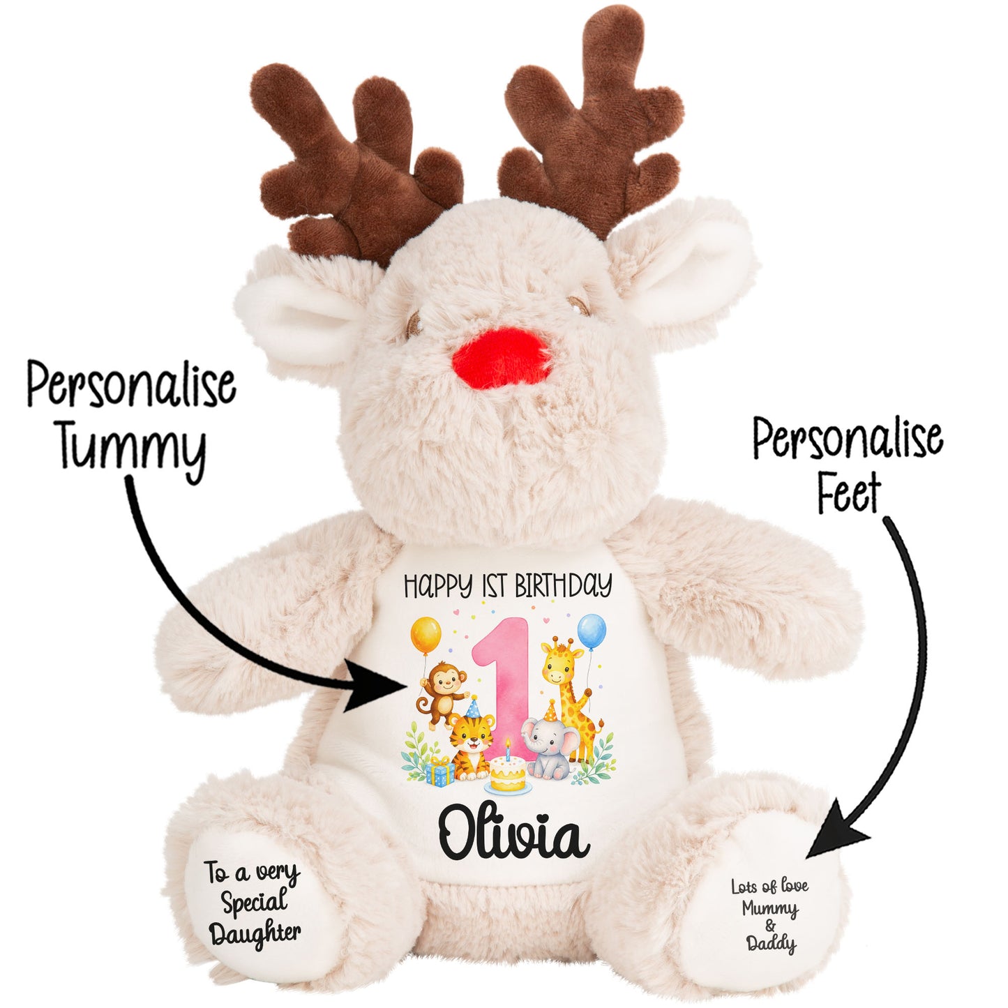 Personalised Baby Girl 1st Birthday Teddy Bear - Pink Safari Animal Name Age 1