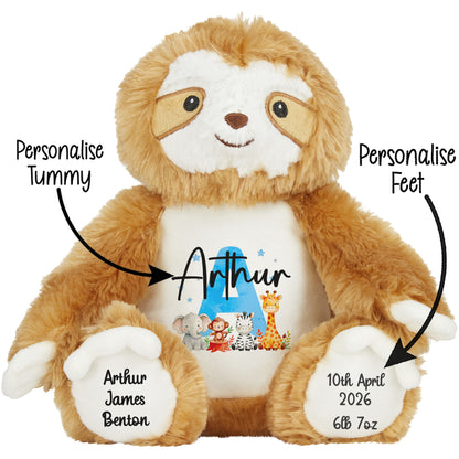 Personalised New Baby Boy Teddy Bear with Blue Letter Initial & Name Text - Animal Safari