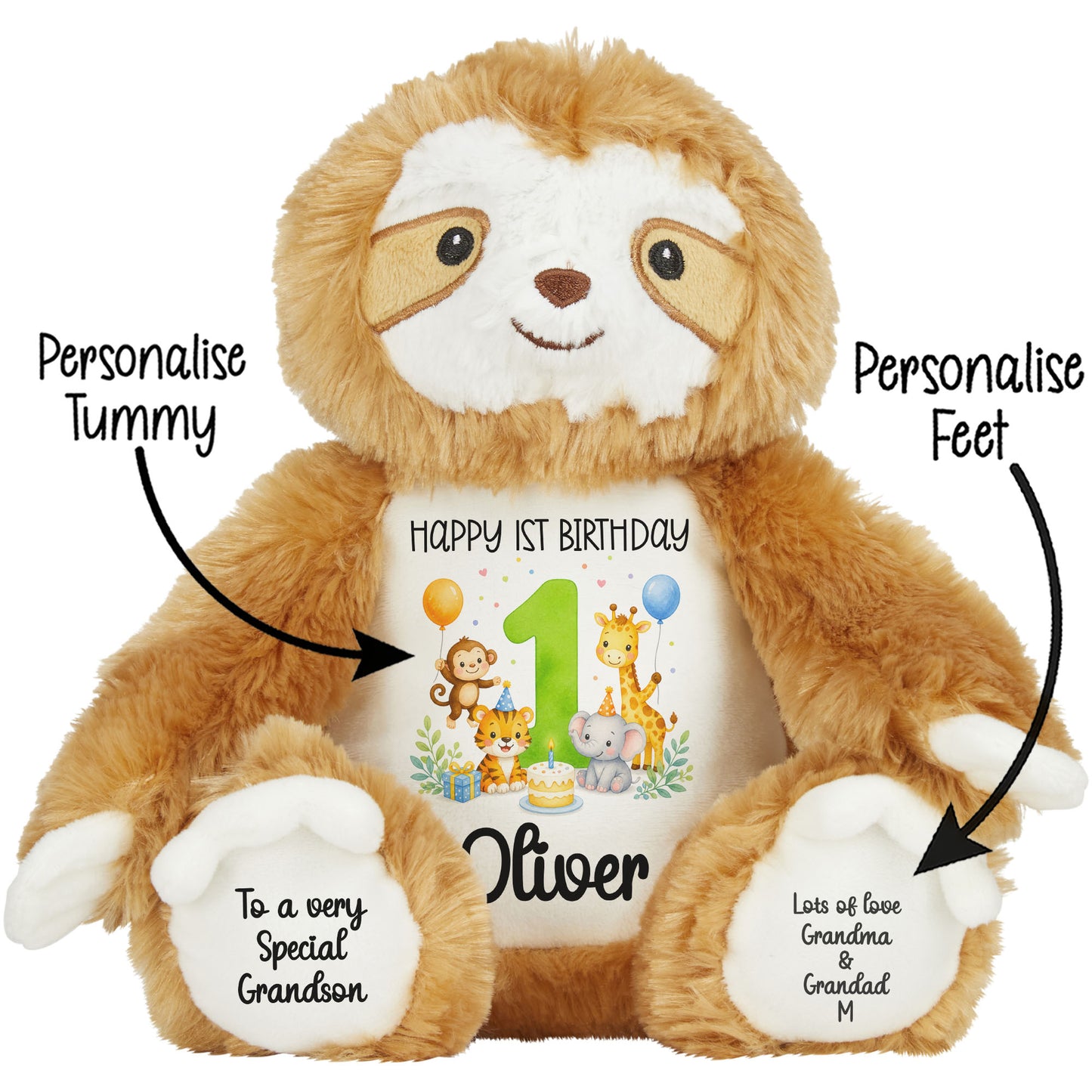 Personalised 1st Birthday Teddy Bear – Safari Animal Party Green Age 1