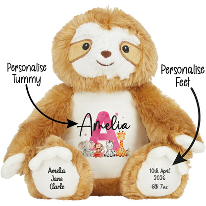 Personalised New Baby Girl Teddy Bear with Pink Letter Initial & Name Text - Animal Safari Design
