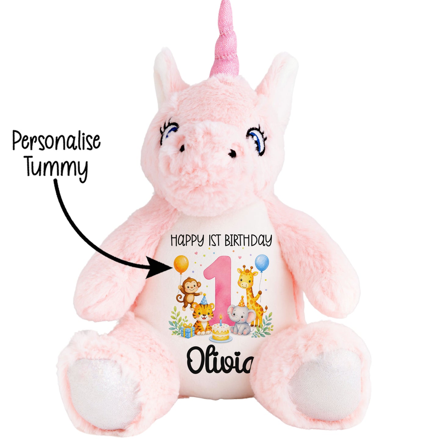 Personalised Baby Girl 1st Birthday Teddy Bear - Pink Safari Animal Name Age 1
