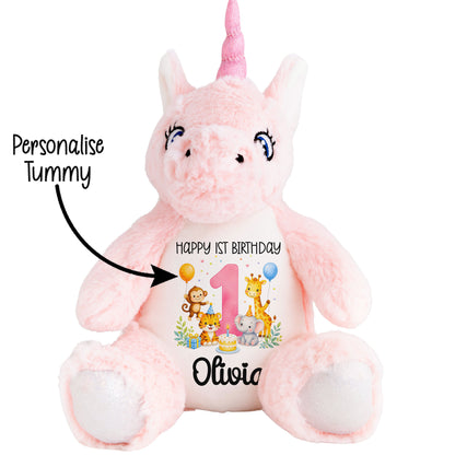 Personalised Baby Girl 1st Birthday Teddy Bear - Pink Safari Animal Name Age 1