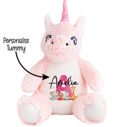 Personalised New Baby Girl Teddy Bear with Pink Letter Initial & Name Text - Animal Safari Design