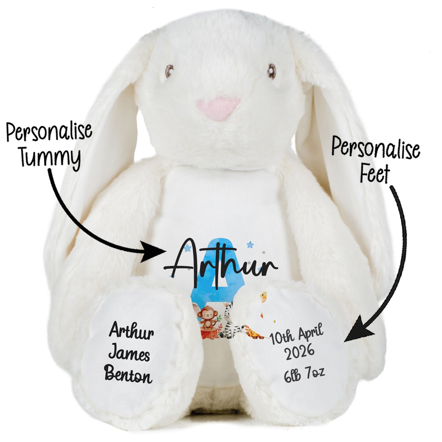 Personalised New Baby Boy Teddy Bear with Blue Letter Initial & Name Text - Animal Safari