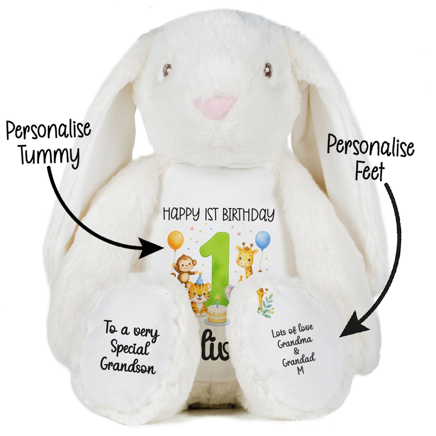 Personalised 1st Birthday Teddy Bear – Safari Animal Party Green Age 1