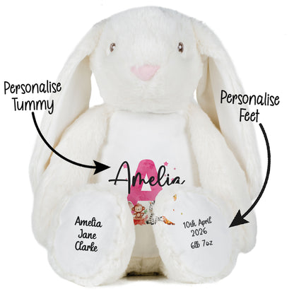 Personalised New Baby Girl Teddy Bear with Pink Letter Initial & Name Text - Animal Safari Design