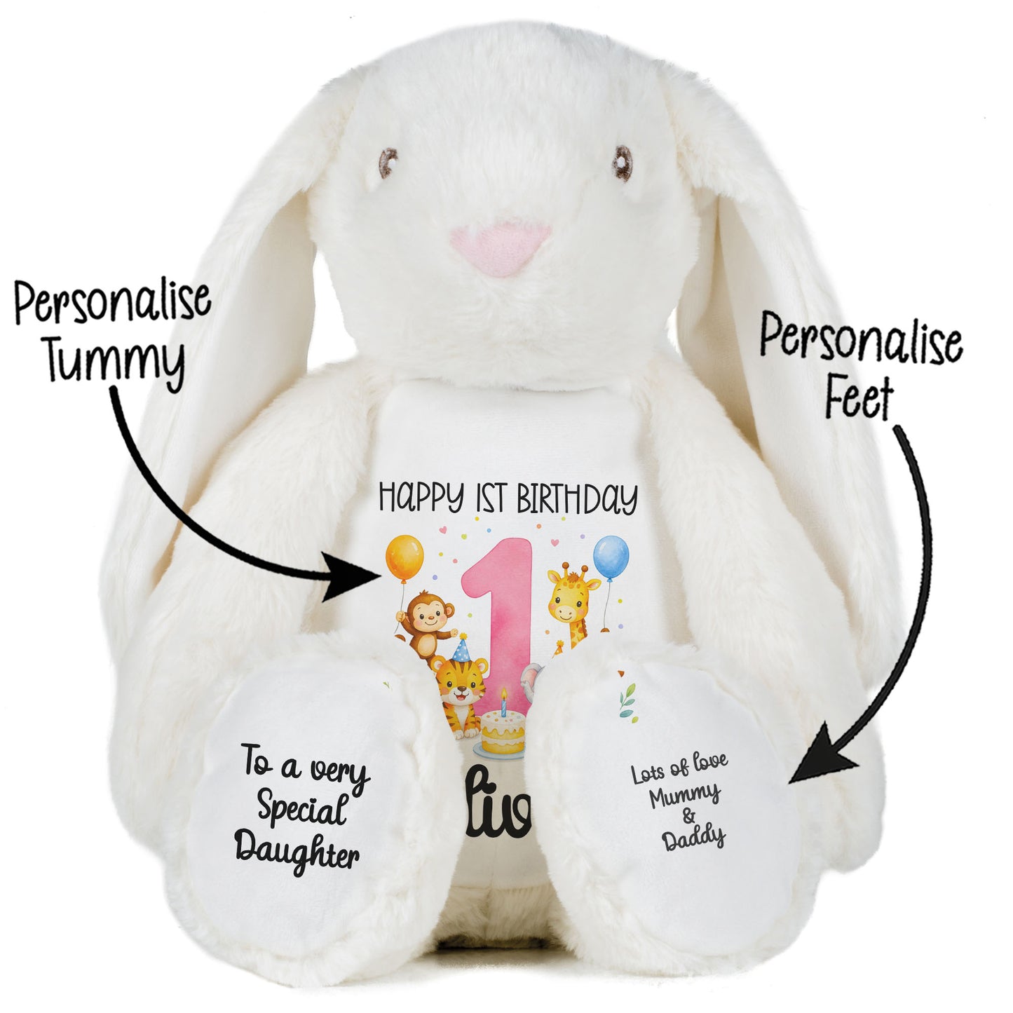 Personalised Baby Girl 1st Birthday Teddy Bear - Pink Safari Animal Name Age 1