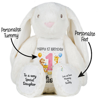 Personalised Baby Girl 1st Birthday Teddy Bear - Pink Safari Animal Name Age 1