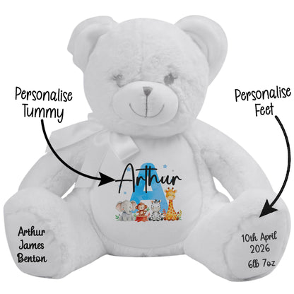 Personalised New Baby Boy Teddy Bear with Blue Letter Initial & Name Text - Animal Safari