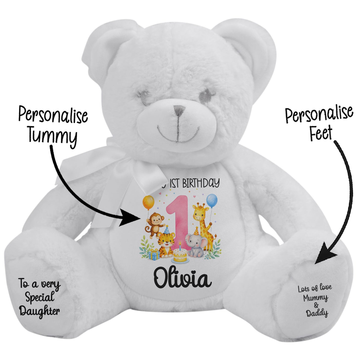 Personalised Baby Girl 1st Birthday Teddy Bear - Pink Safari Animal Name Age 1