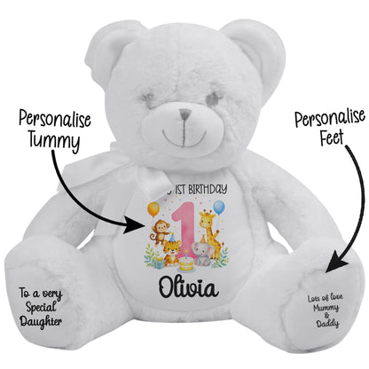 Personalised Baby Girl 1st Birthday Teddy Bear - Pink Safari Animal Name Age 1