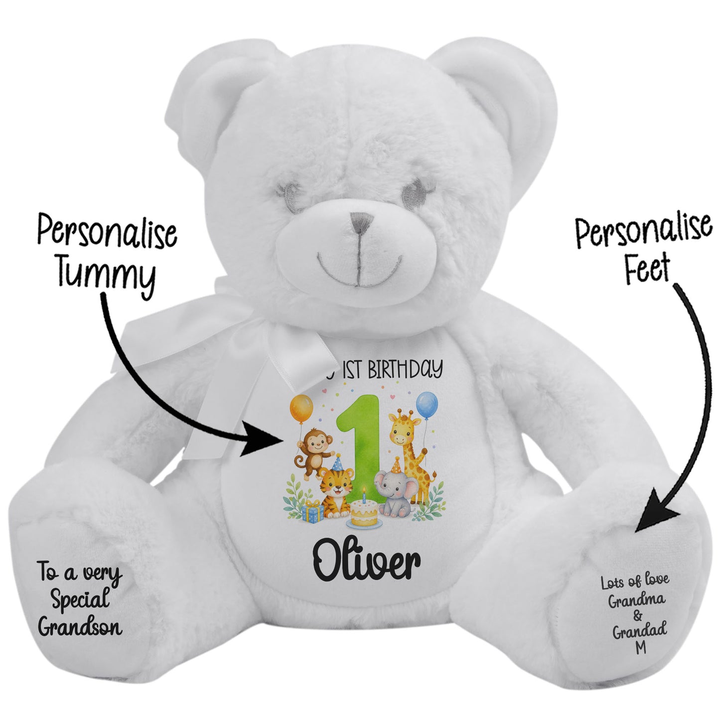 Personalised 1st Birthday Teddy Bear – Safari Animal Party Green Age 1
