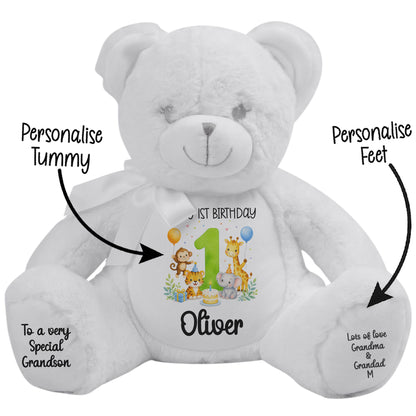 Personalised 1st Birthday Teddy Bear – Safari Animal Party Green Age 1