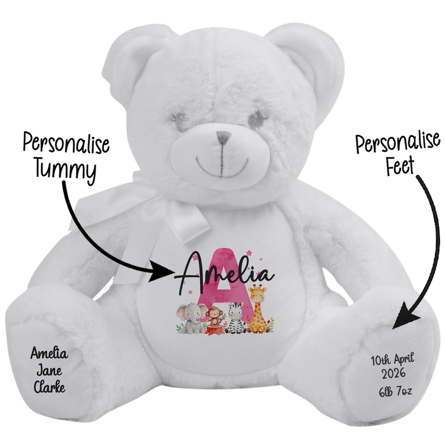 Personalised New Baby Girl Teddy Bear with Pink Letter Initial & Name Text - Animal Safari Design