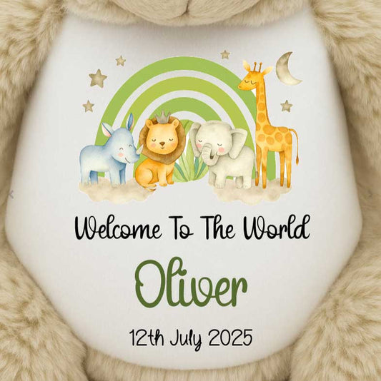 New Baby 'Welcome to The World' Green Safari Friends Personalised Teddy Bears