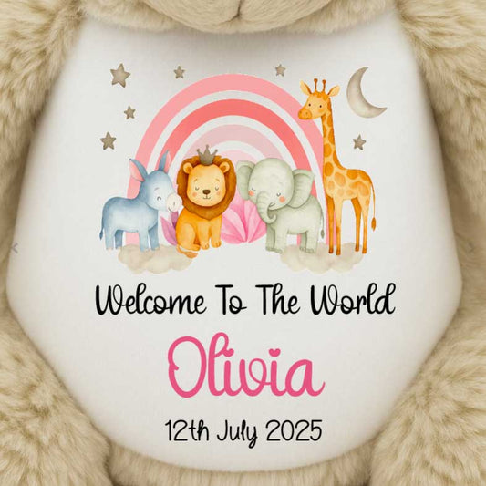 New Baby 'Welcome to The World' Pink Safari Friends Personalised Teddy Bears