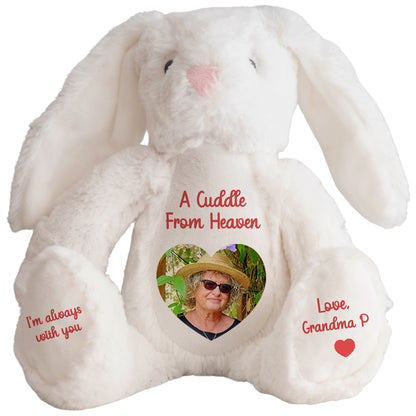 White plush bunny with a heart-shaped photo and personalised cuddle from heaven text on a white background